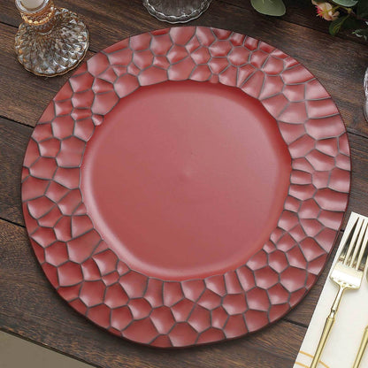 6 Pack Matte Finish Burgundy Hammered Charger Plates, Flat Modern Dinner Serving Plates - 13" Pro Linens