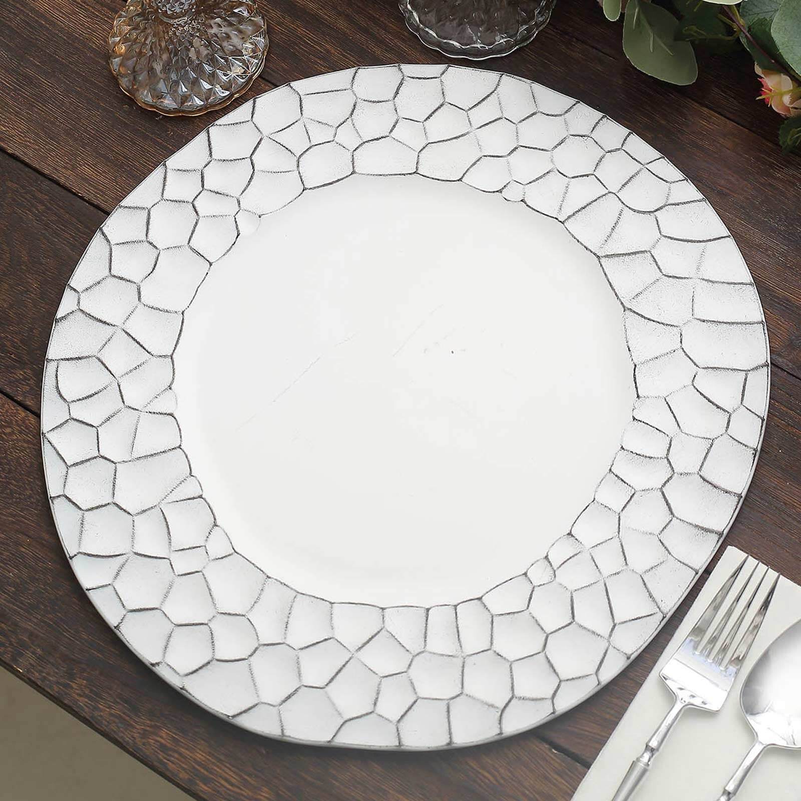 6 Pack Matte Finish White Hammered Charger Plates, Flat Modern Dinner Serving Plates - 13" Pro Linens