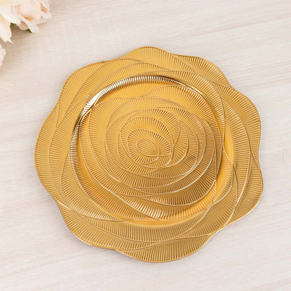 6 Pack Metallic Gold Acrylic Charger Plates With Ribbed Rose Pattern, 13" Round Dinner Chargers Event Tabletop Decor Pro Linens