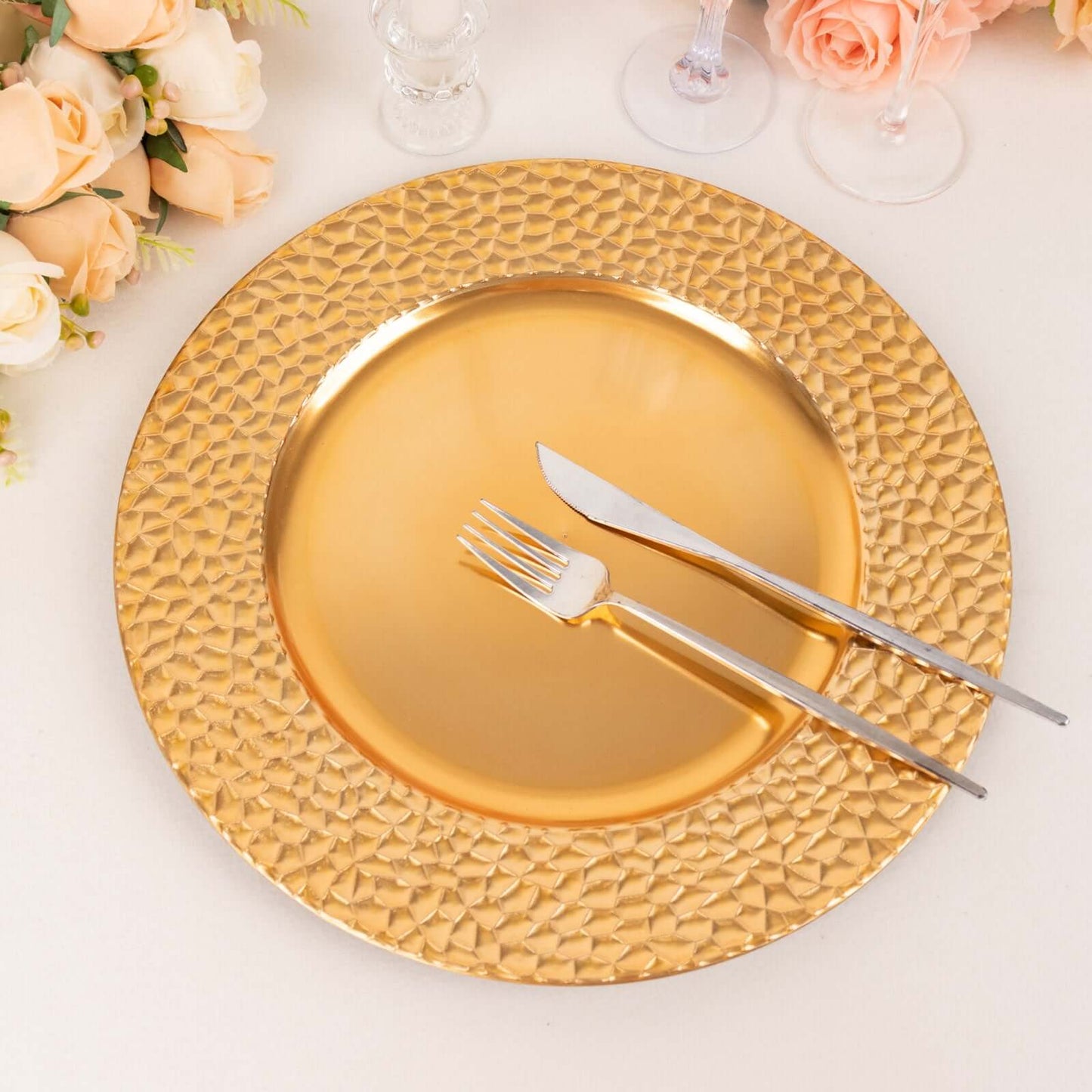 6 Pack Metallic Gold Acrylic Dinner Serving Plates With Hammered Rim, 13" Round Charger Plates Pro Linens