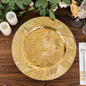 6 Pack Metallic Gold Acrylic Plastic Charger Plates With Embossed Tropical Leaves, 13" Round Decorative Serving Plates Pro Linens