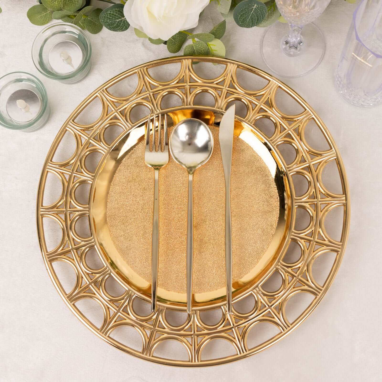 6 Pack Metallic Gold Acrylic Plastic Charger Plates With Semi Circle Hollow Out Rim, 13" Round Decorative Dinner Serving Plates Pro Linens