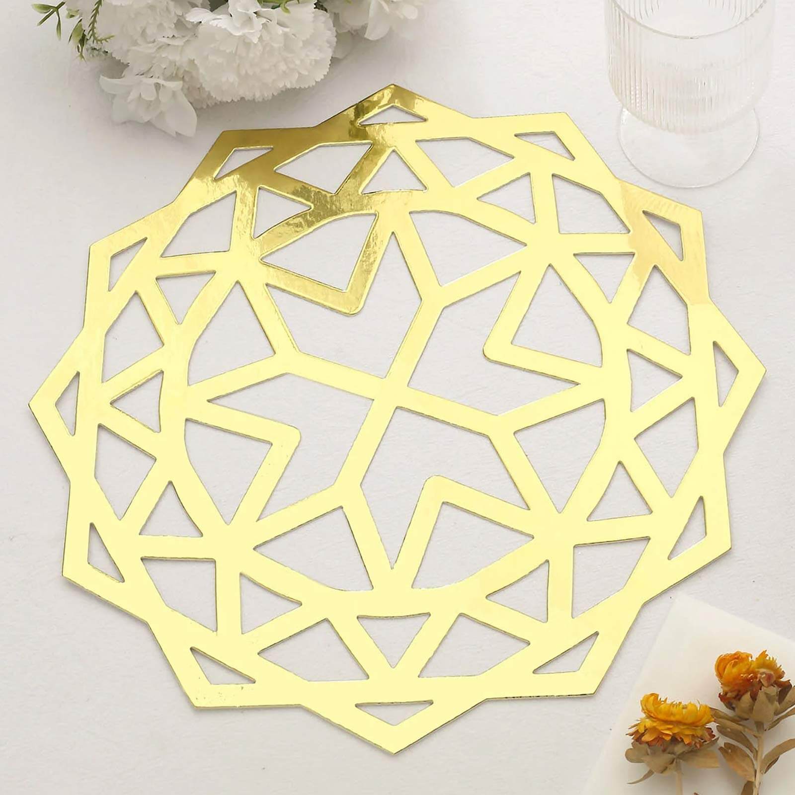 6 Pack Metallic Gold Foil Laser Cut Geometric Star Table Mats, 13" Round Disposable Cardboard Dining Placemats - 700 GSM Pro Linens