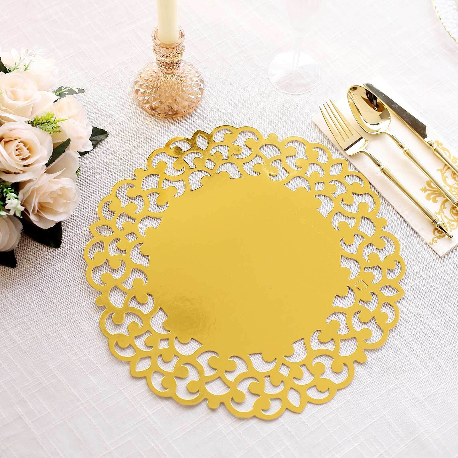 6 Pack Metallic Gold Laser Cut Disposable Dining Table Mats with Floral Rim, 13" Round Cardboard Placemats - 400GSM Pro Linens