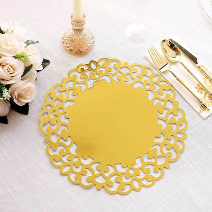 6 Pack Metallic Gold Laser Cut Disposable Dining Table Mats with Floral Rim, 13" Round Cardboard Placemats - 400GSM Pro Linens