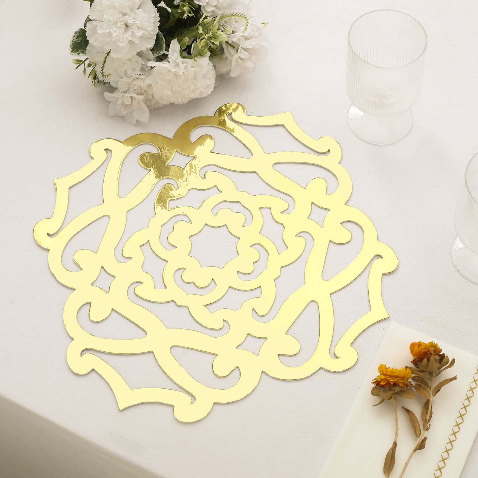 6 Pack Metallic Gold Laser Cut Flower Dining Table Mats, 13" Disposable Cardboard Placemats - 700 GSM Pro Linens