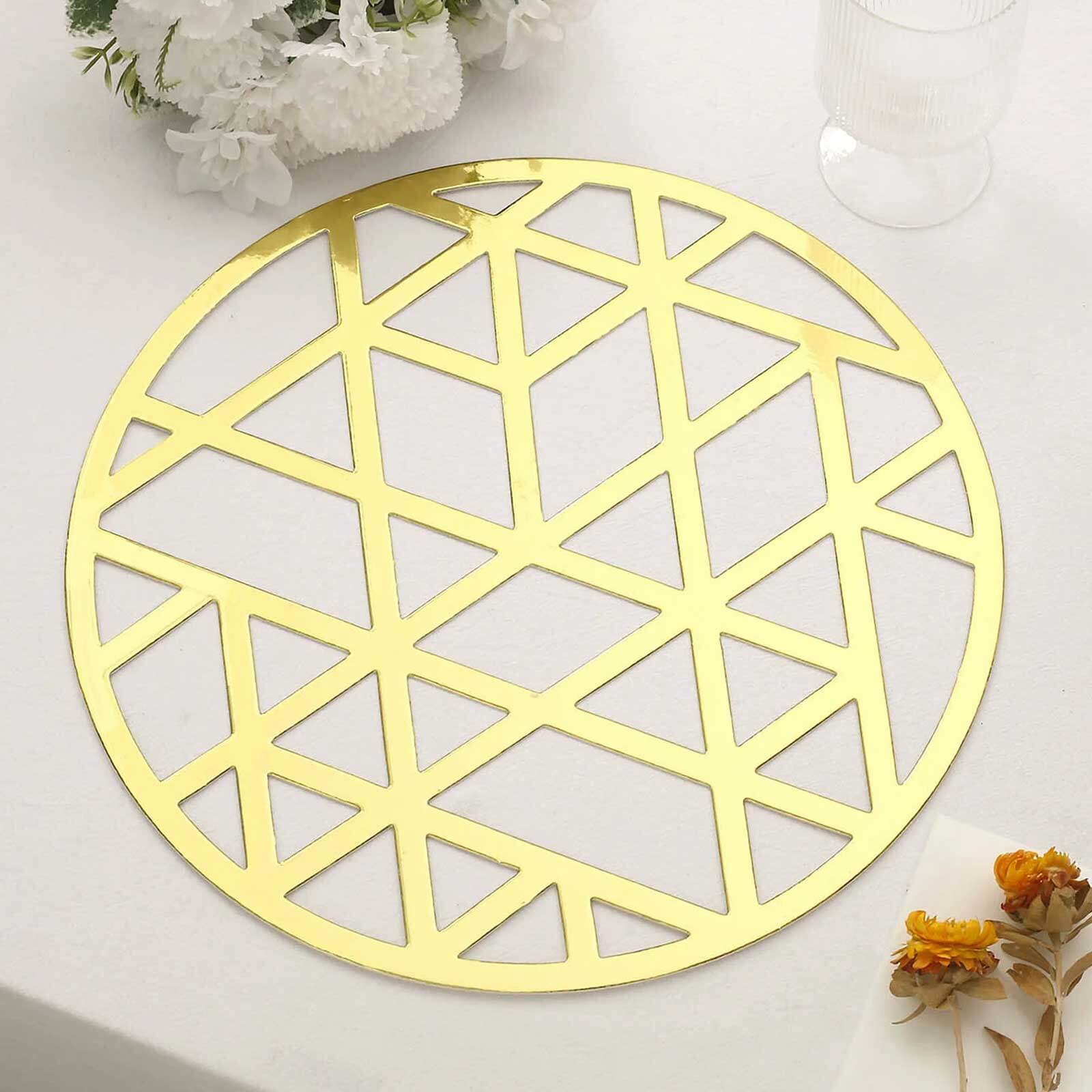 6 Pack Metallic Gold Laser Cut Geometric Triangle Cardboard Dining Table Mats, 13" Round Disposable Placemats - 700 GSM Pro Linens