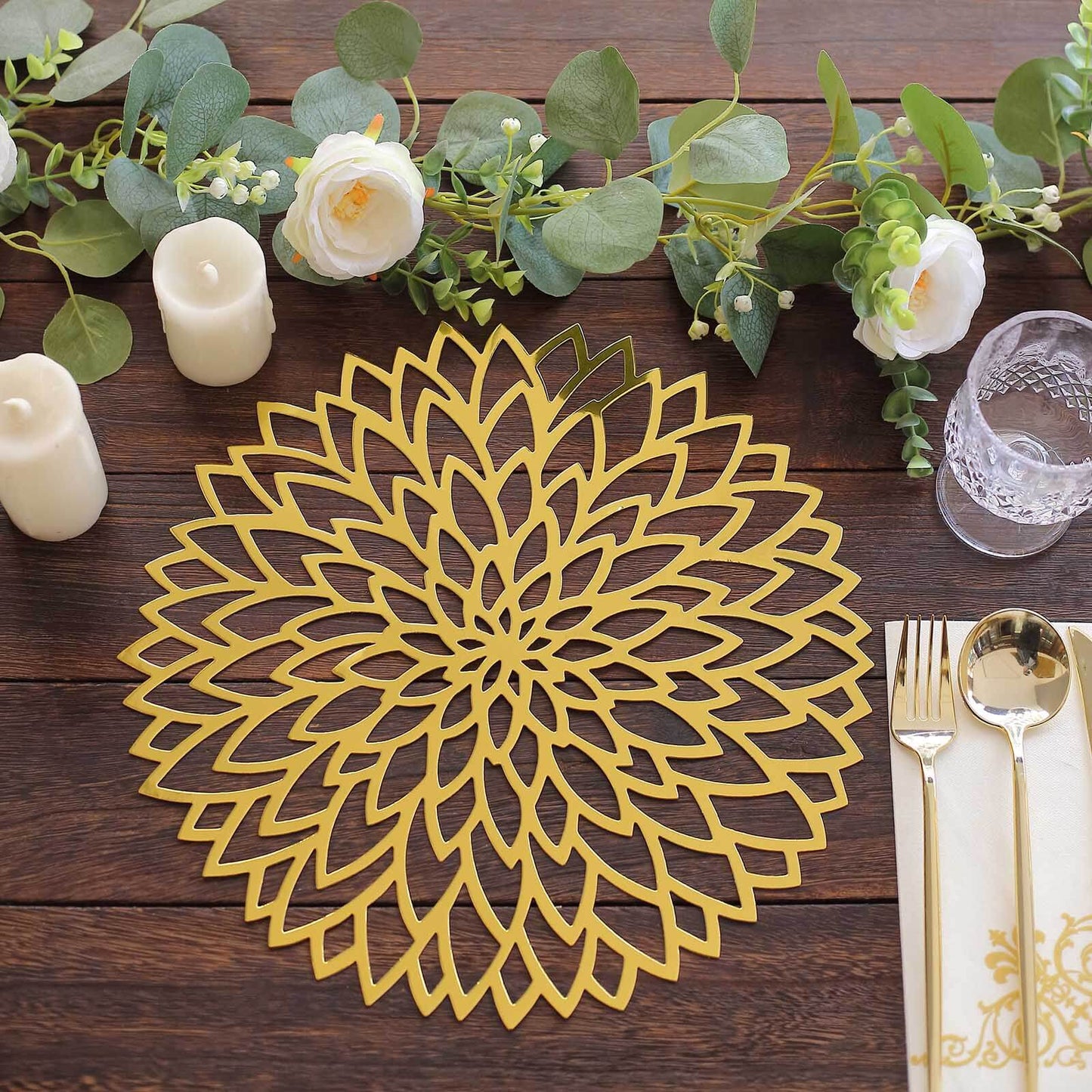 6 Pack Metallic Gold Laser Cut Hibiscus Flower Disposable Table Mats, 13" Round Cardboard Placemats - 400GSM Pro Linens