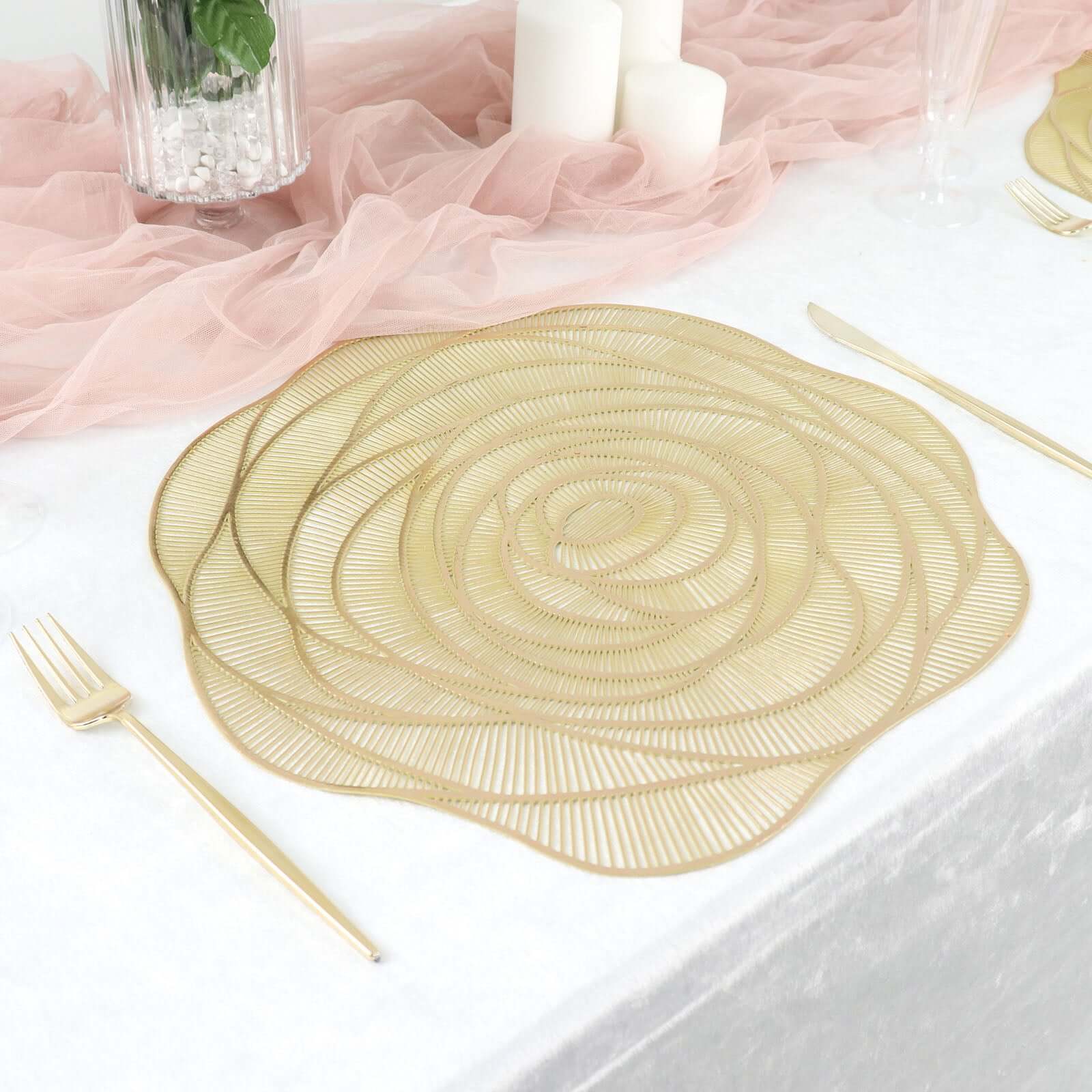 6 Pack Metallic Gold Round Vinyl Placemats, Washable Rose Flower Non Slip Dining Table Mats 15" Pro Linens