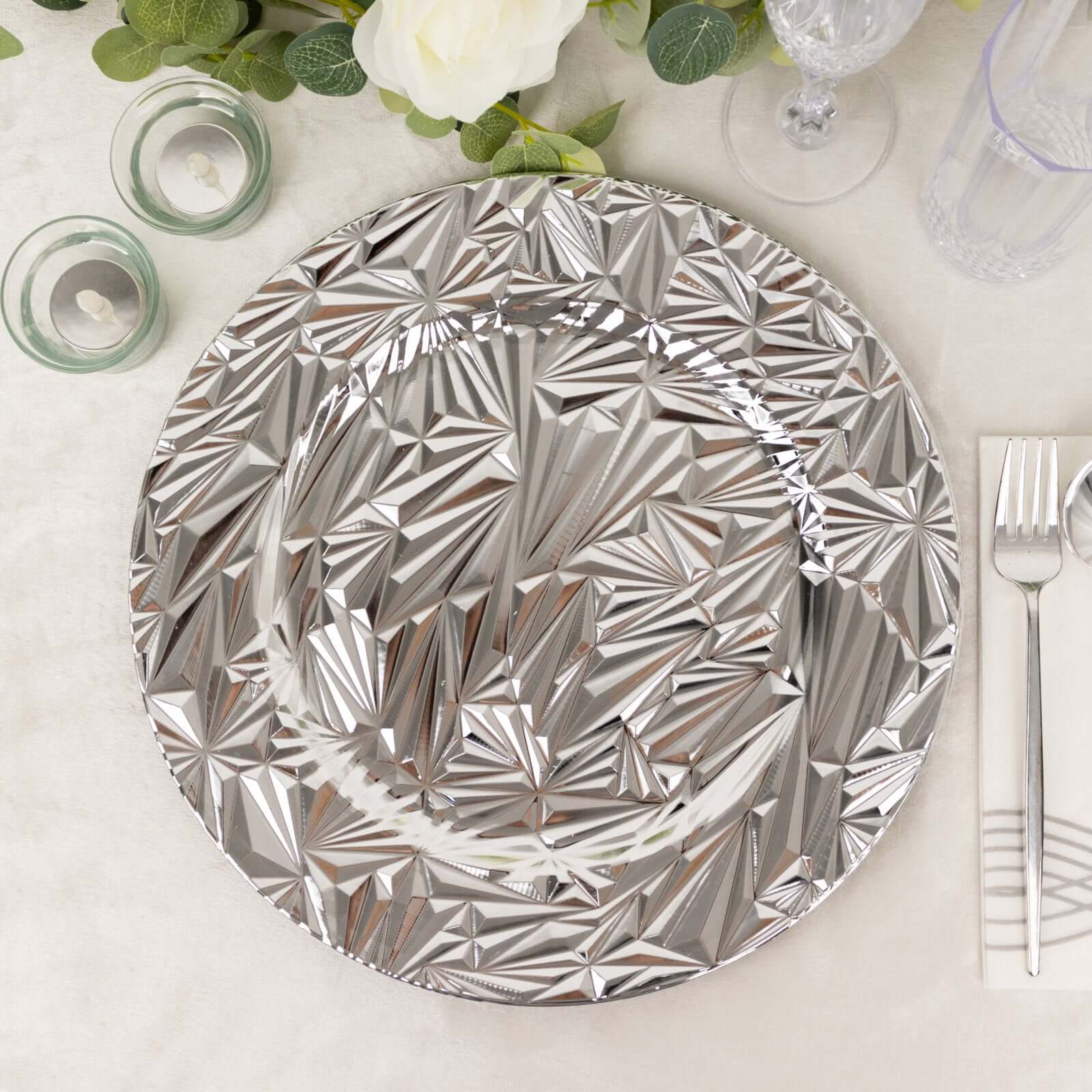 6 Pack Metallic Silver Rock Cut Acrylic Charger Plates, 13" Round Plastic Decorative Serving Plates Pro Linens