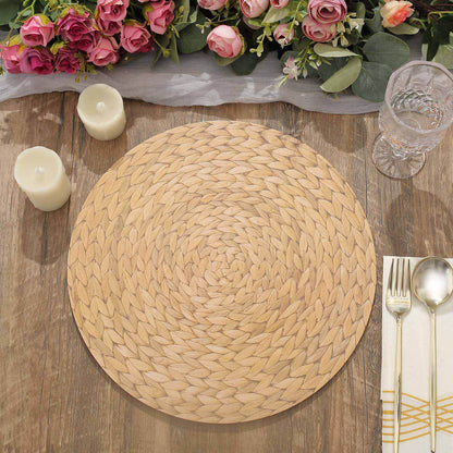 6 Pack Natural Woven Rattan Print Disposable Dining Table Mats, 13" Round Cardstock Paper Placemats - 700 GSM Pro Linens