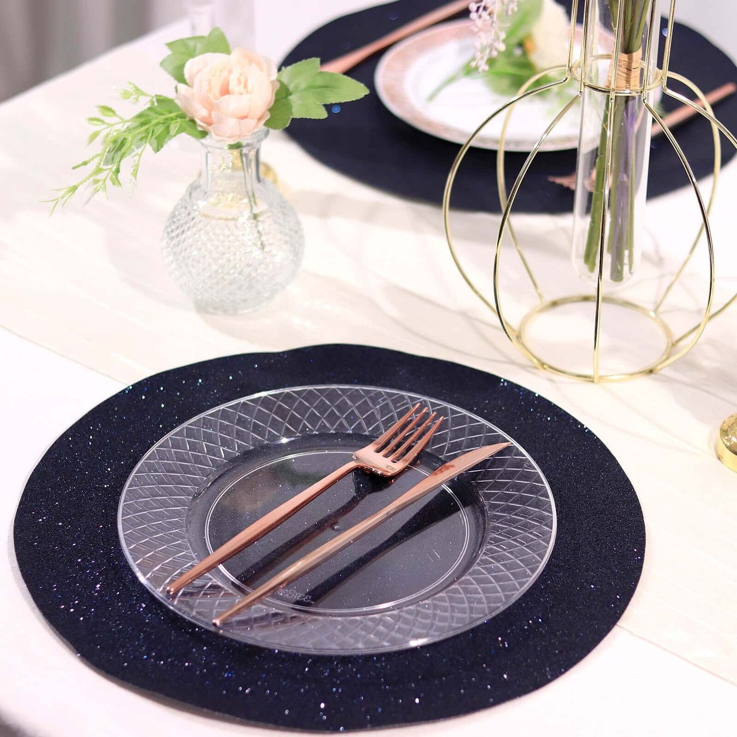 6 Pack Navy Blue Sparkle Vinyl Vinyl Placemats, Non Slip Decorative Round Glitter Table Mat Pro Linens