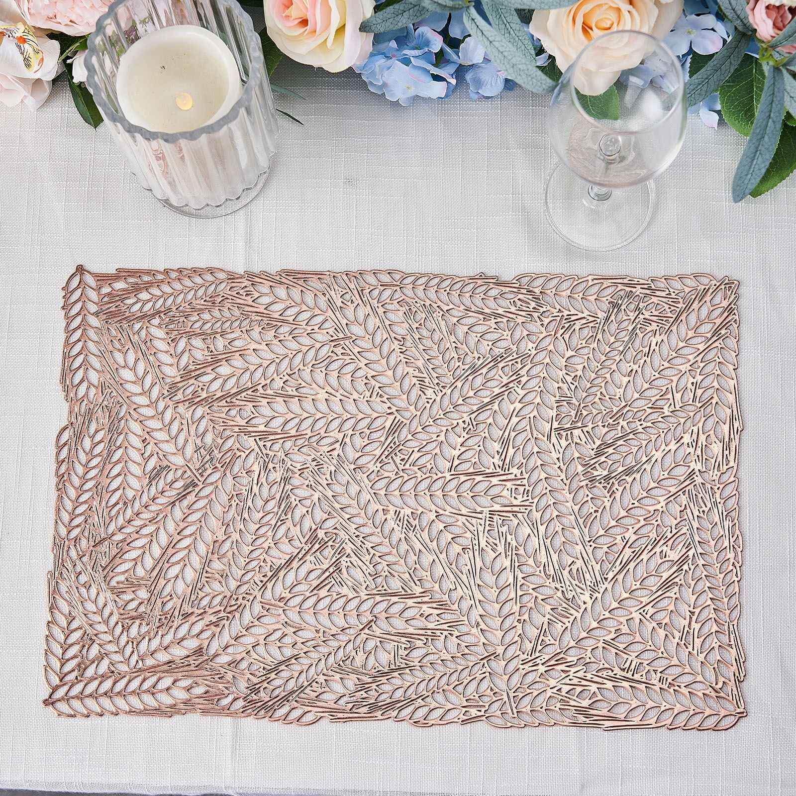 6 Pack Rose Gold Metallic Vinyl Placemats, Non-Slip Wheat Design Rectangle Table Mats 12"x18" Pro Linens