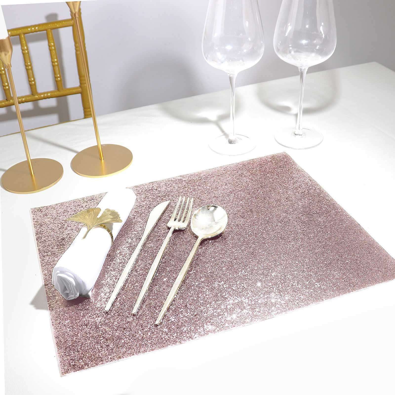 6 Pack Rose Gold Sparkle Vinyl Placemats, Non Slip Decorative Rectangle Glitter Table Mat Pro Linens