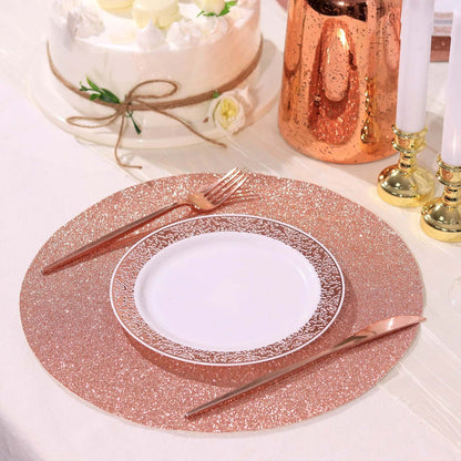 6 Pack Rose Gold Sparkle Vinyl Placemats, Non Slip Decorative Round Glitter Table Mat Pro Linens