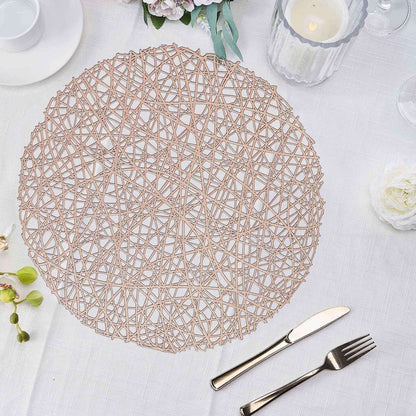 6 Pack Rose Gold Vinyl Placemats, Decorative Woven Non-Slip Round Table Mats 15" Pro Linens