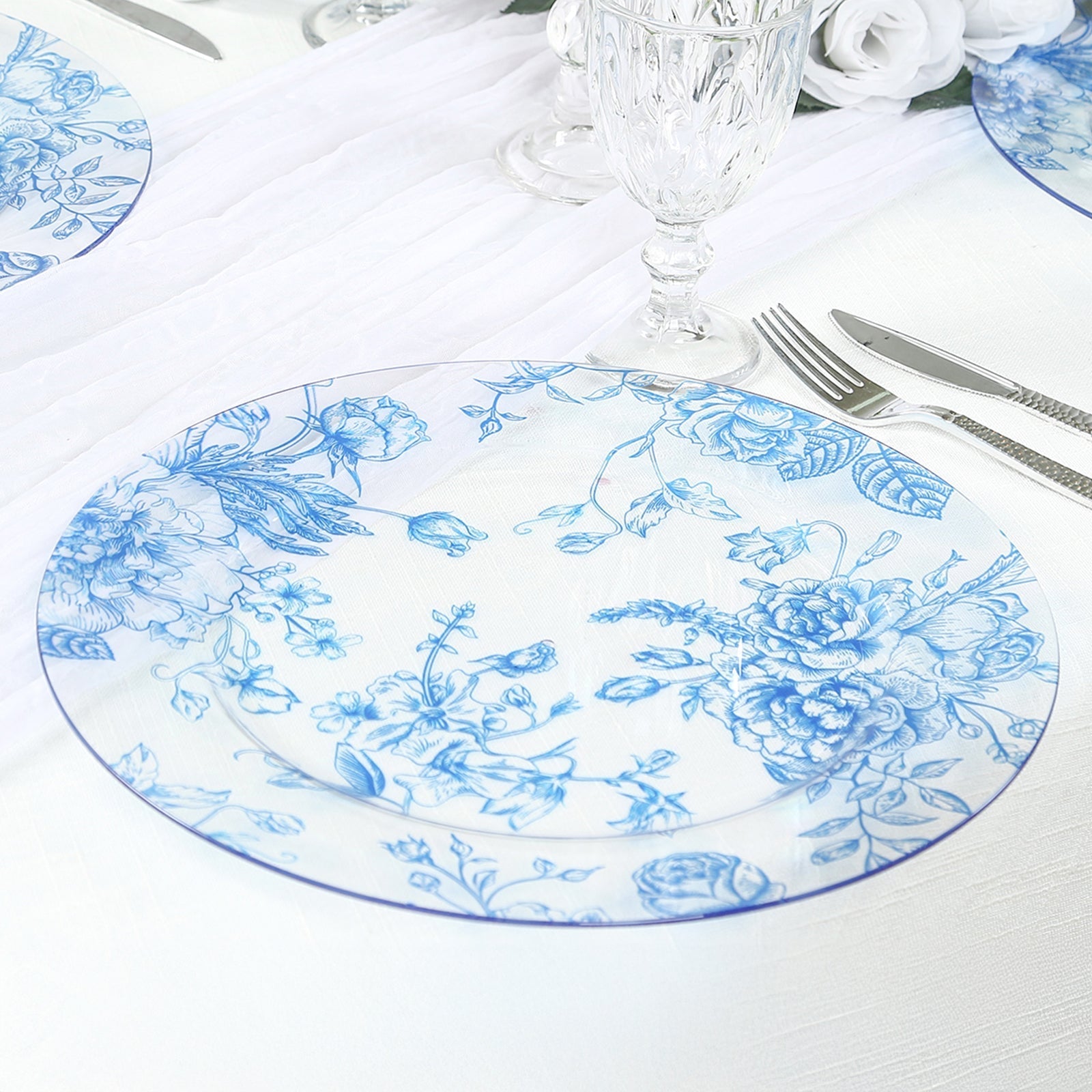 6 Pack Round Floral Acrylic Charger Plates in French Toile Pattern, 13" Clear Light Blue Dinner Charger Event Tabletop Decor Pro Linens