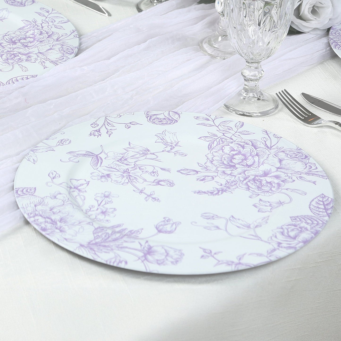 6 Pack Round Floral Acrylic Charger Plates in French Toile Pattern, 13" Matte Lavender and White Dinner Charger Event Tabletop Decor Pro Linens