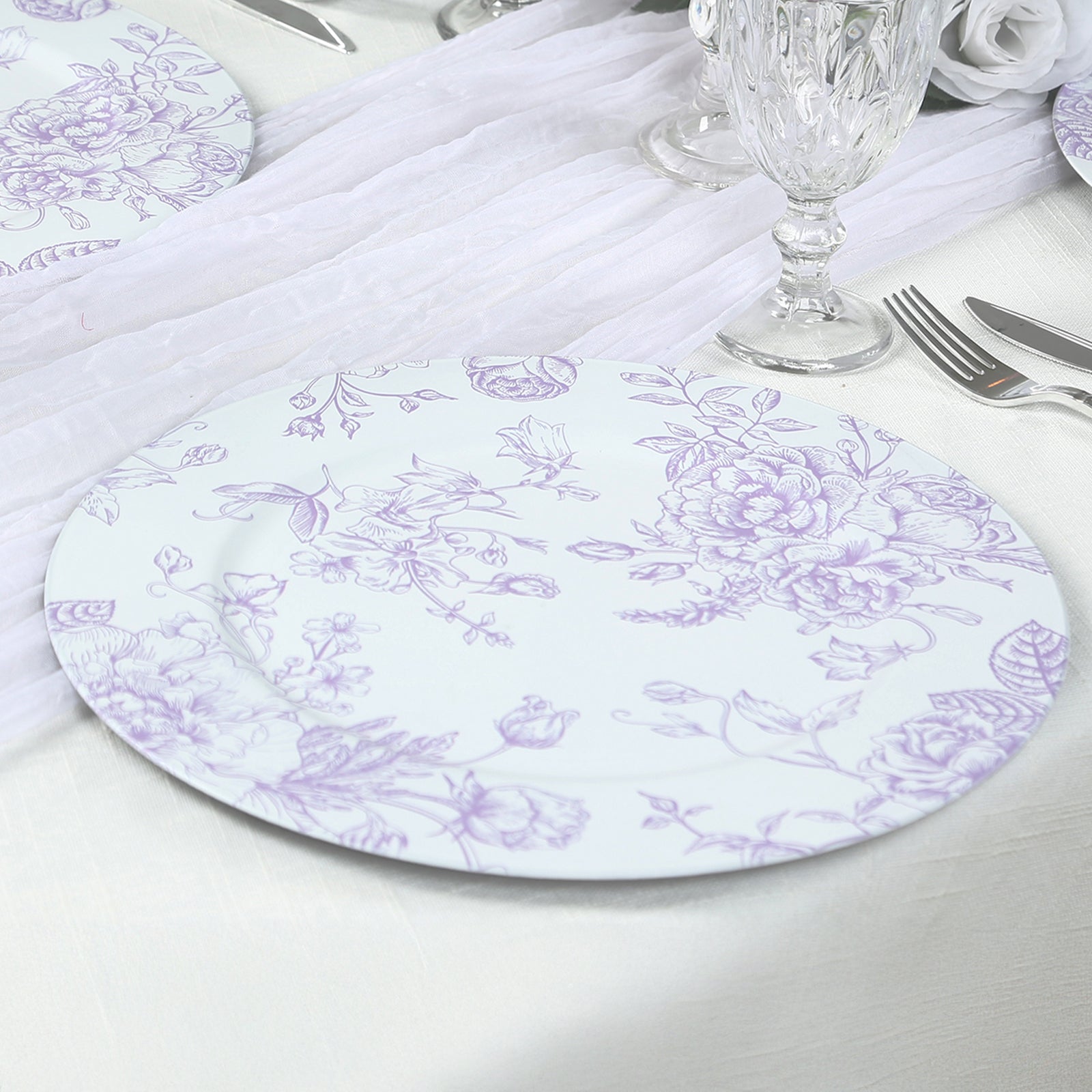 6 Pack Round Floral Acrylic Charger Plates in French Toile Pattern, 13" Matte Lavender and White Dinner Charger Event Tabletop Decor Pro Linens