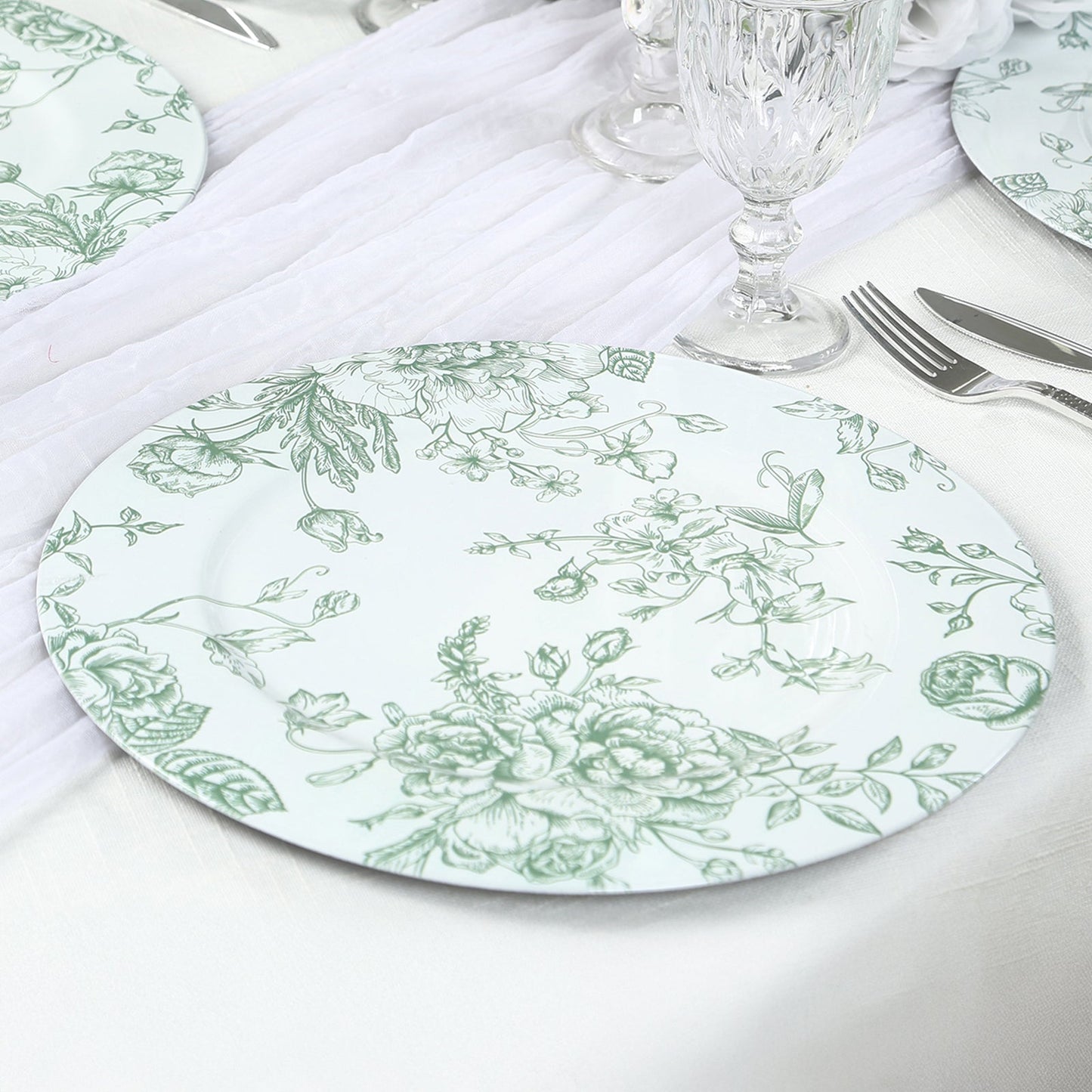 6 Pack Round Floral Acrylic Charger Plates in French Toile Pattern, 13" White Sage Green Dinner Charger Event Tabletop Decor Pro Linens