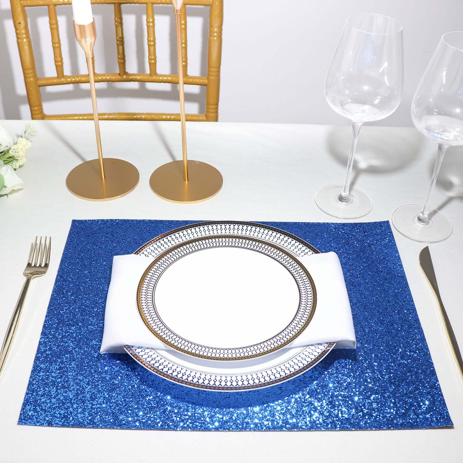 6 Pack Royal Blue Sparkle Vinyl Placemats, Non Slip Decorative Rectangle Glitter Table Mat Pro Linens