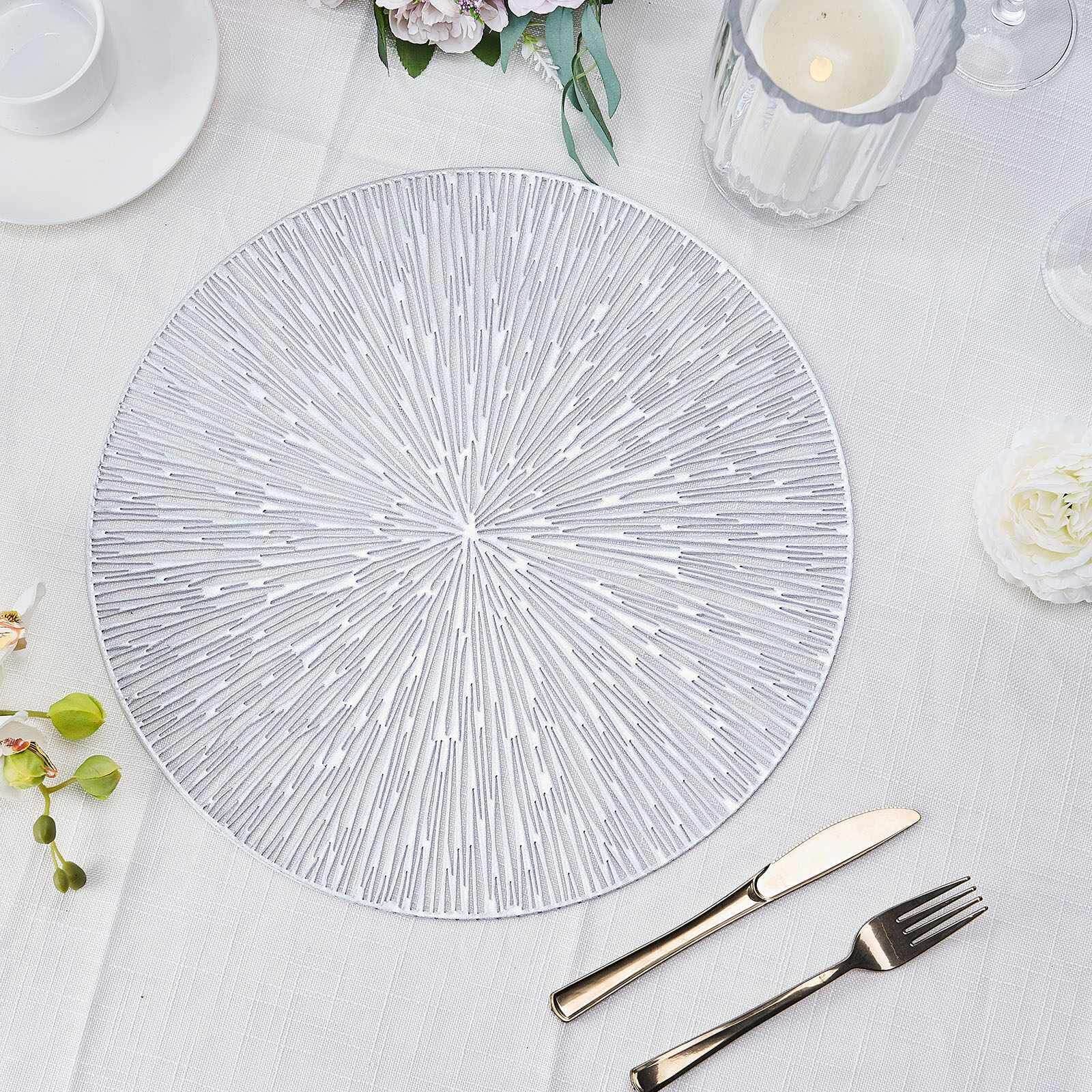 6 Pack Silver Metallic Vinyl Placemats, Non-Slip Spiked Design Round Table Mats 15" Pro Linens