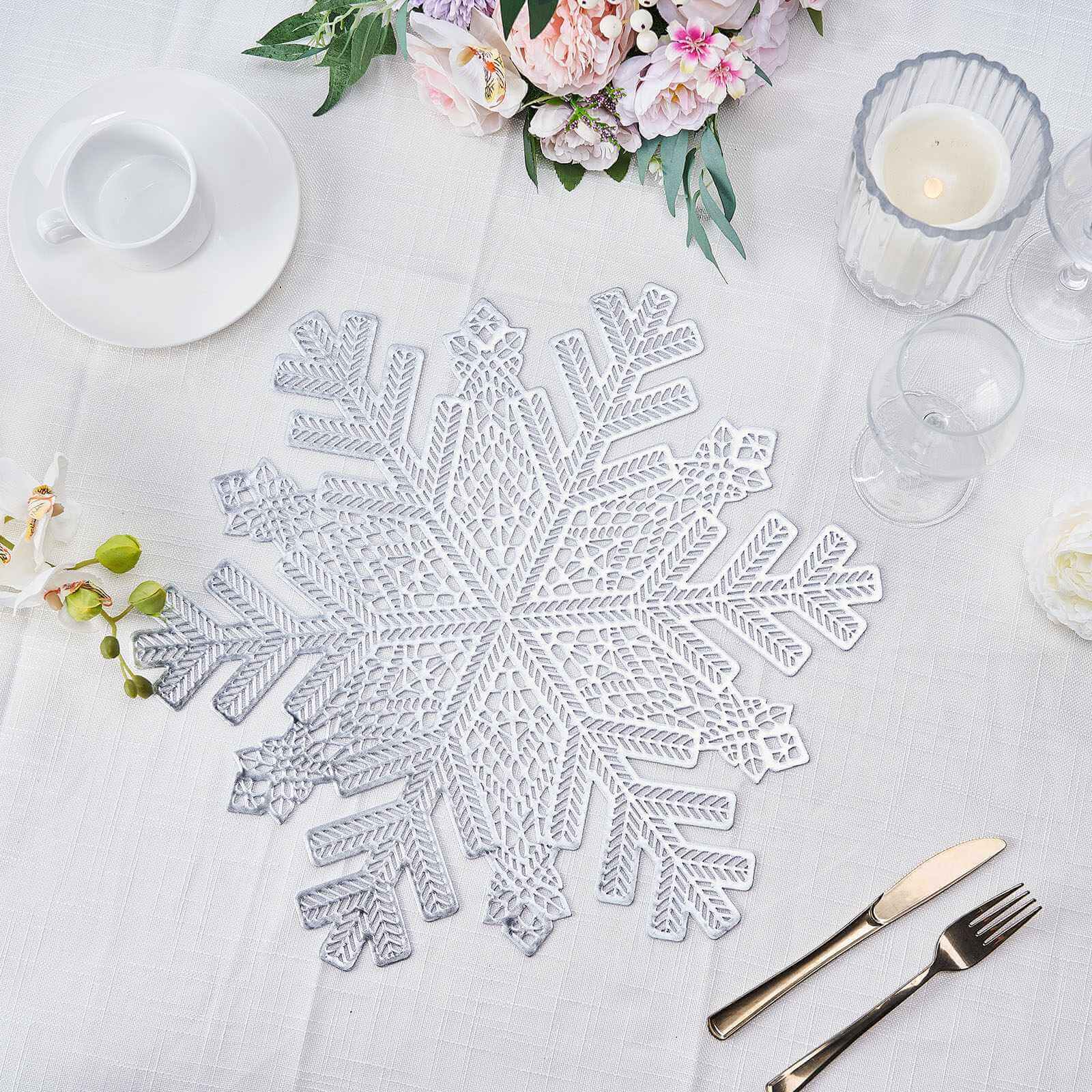 6 Pack Silver Metallic Vinyl Placemats, Snowflake Non-Slip Winter Wonderland Table Mats 18" Pro Linens