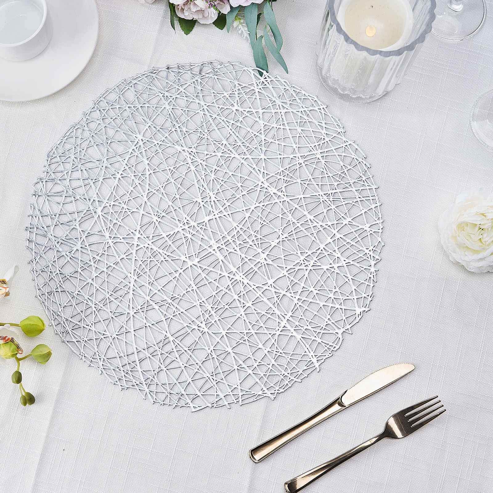 6 Pack Silver Metallic Vinyl Placemats, Woven Non-Slip Round Table Mats 15" Pro Linens