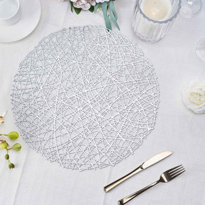 6 Pack Silver Metallic Vinyl Placemats, Woven Non-Slip Round Table Mats 15" Pro Linens