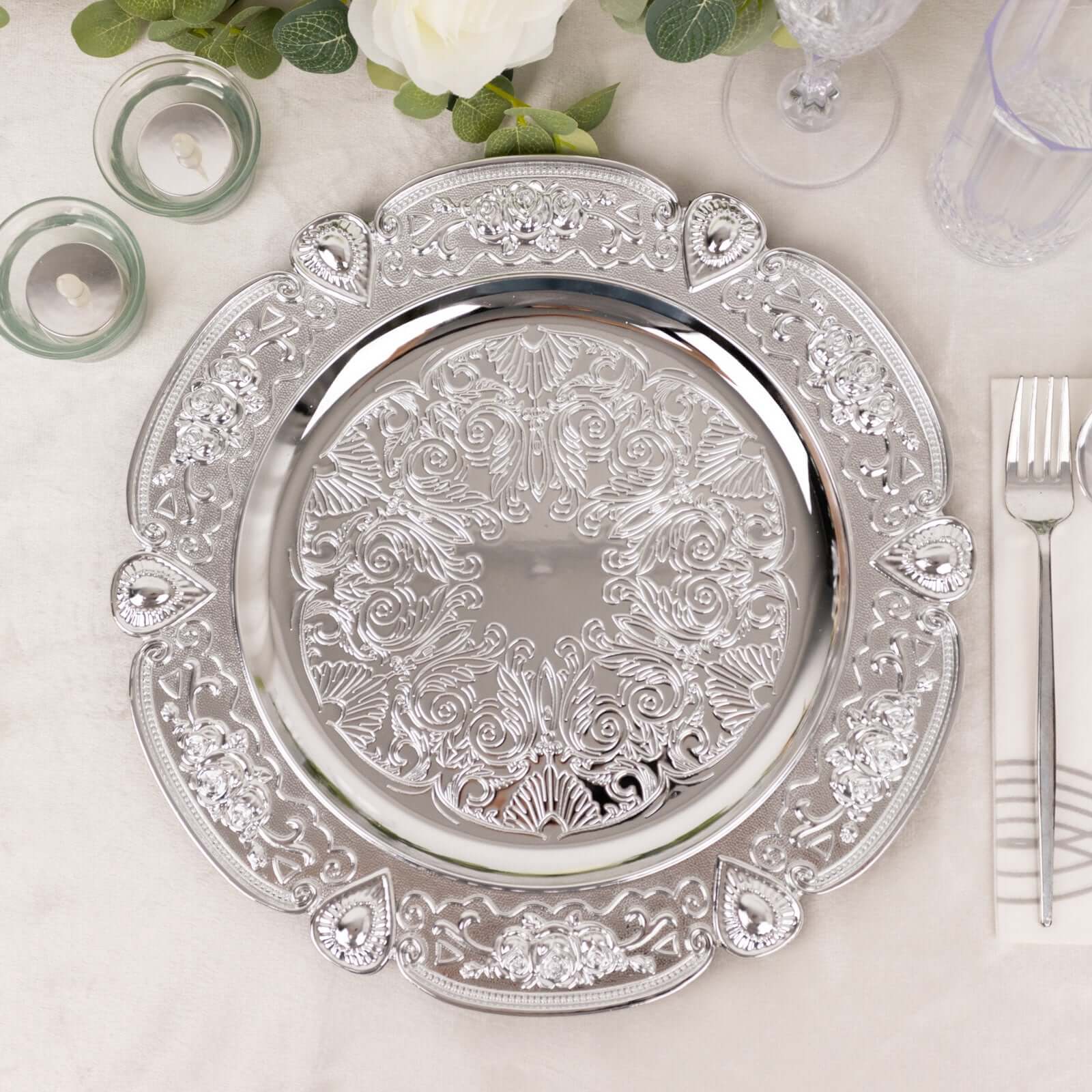 6 Pack Silver Round Acrylic Charger Plates With Floral Embossed Scalloped Rim, 13" Unbreakable Plastic Decorative Serving Plates Pro Linens