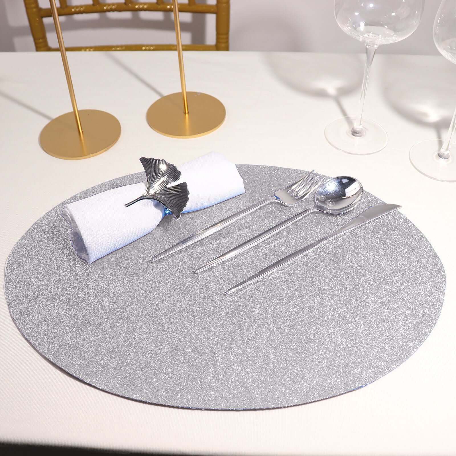 6 Pack Silver Sparkle Vinyl Placemats, Non Slip Decorative Oval Glitter Table Mat Pro Linens