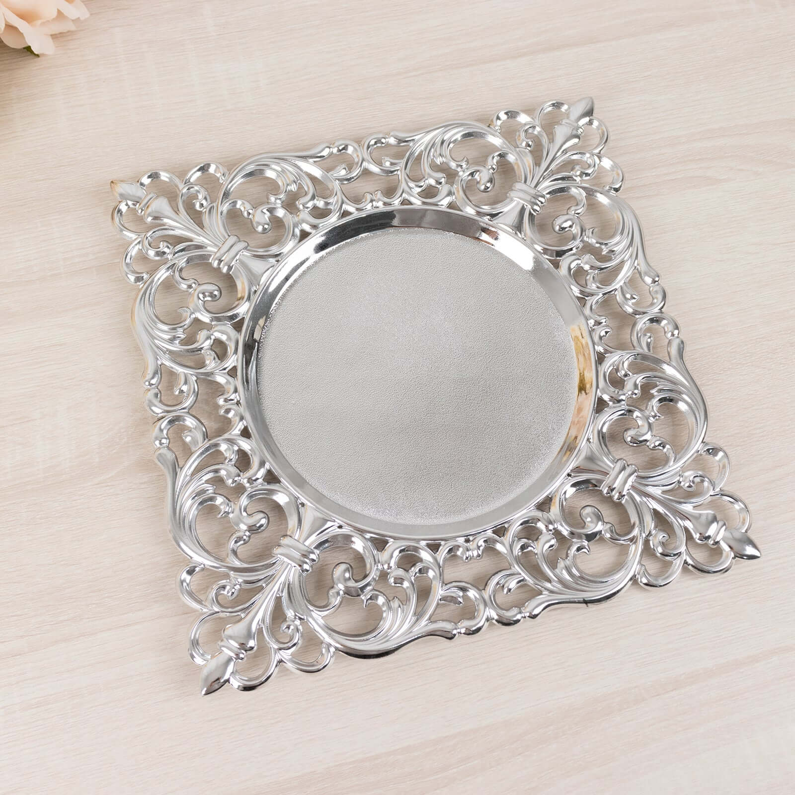 6 Pack Silver Square Acrylic Charger Plates with Hollow Lace Border, 12" Dinner Chargers Event Tabletop Decor Pro Linens