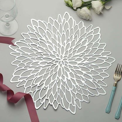 6 Pack Silver Vinyl Placemats, Decorative Floral Non-Slip Round Dining Table Mats 15" Pro Linens