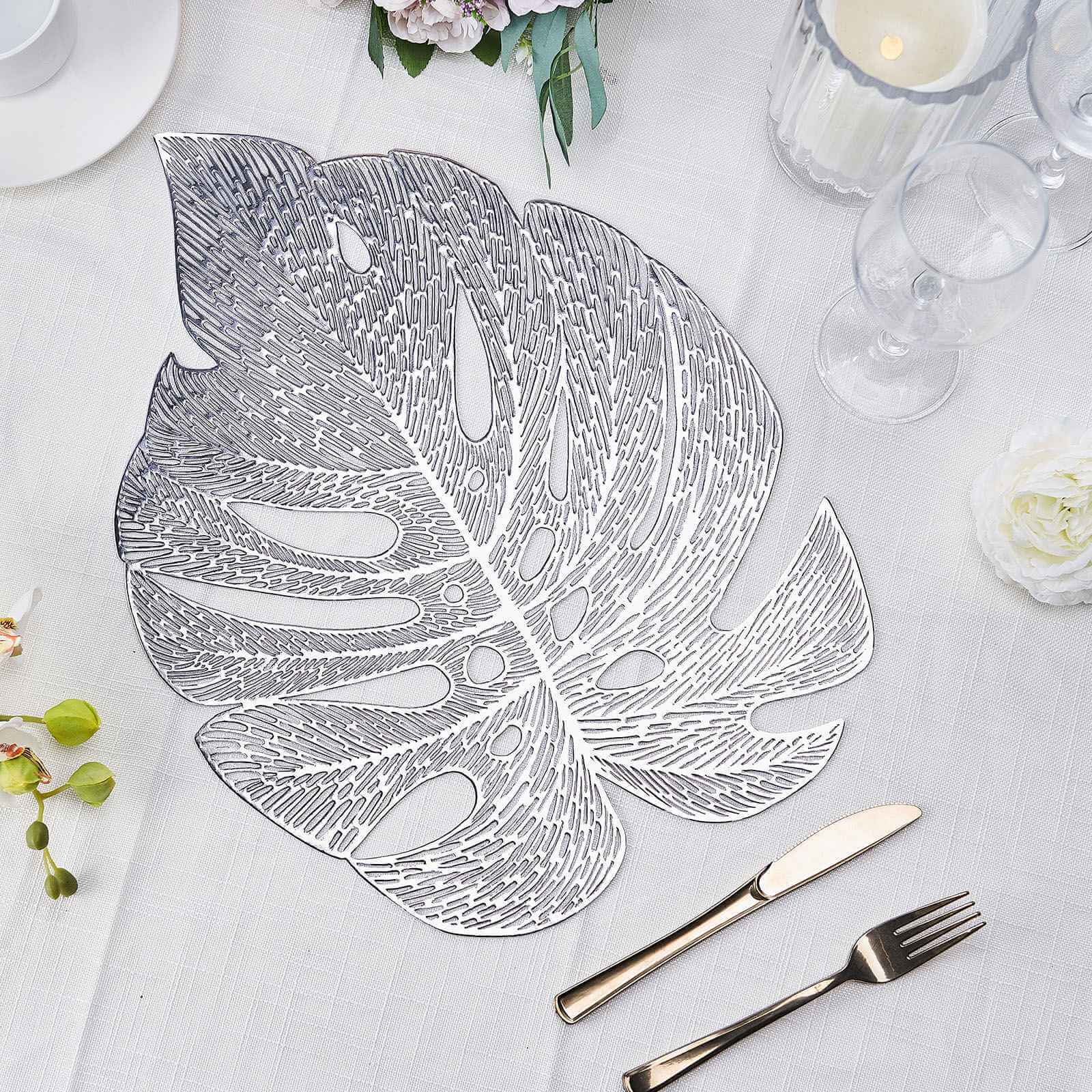 6 Pack Silver Vinyl Placemats, Monstera Leaf Non-Slip Dining Table Mats 18" Pro Linens