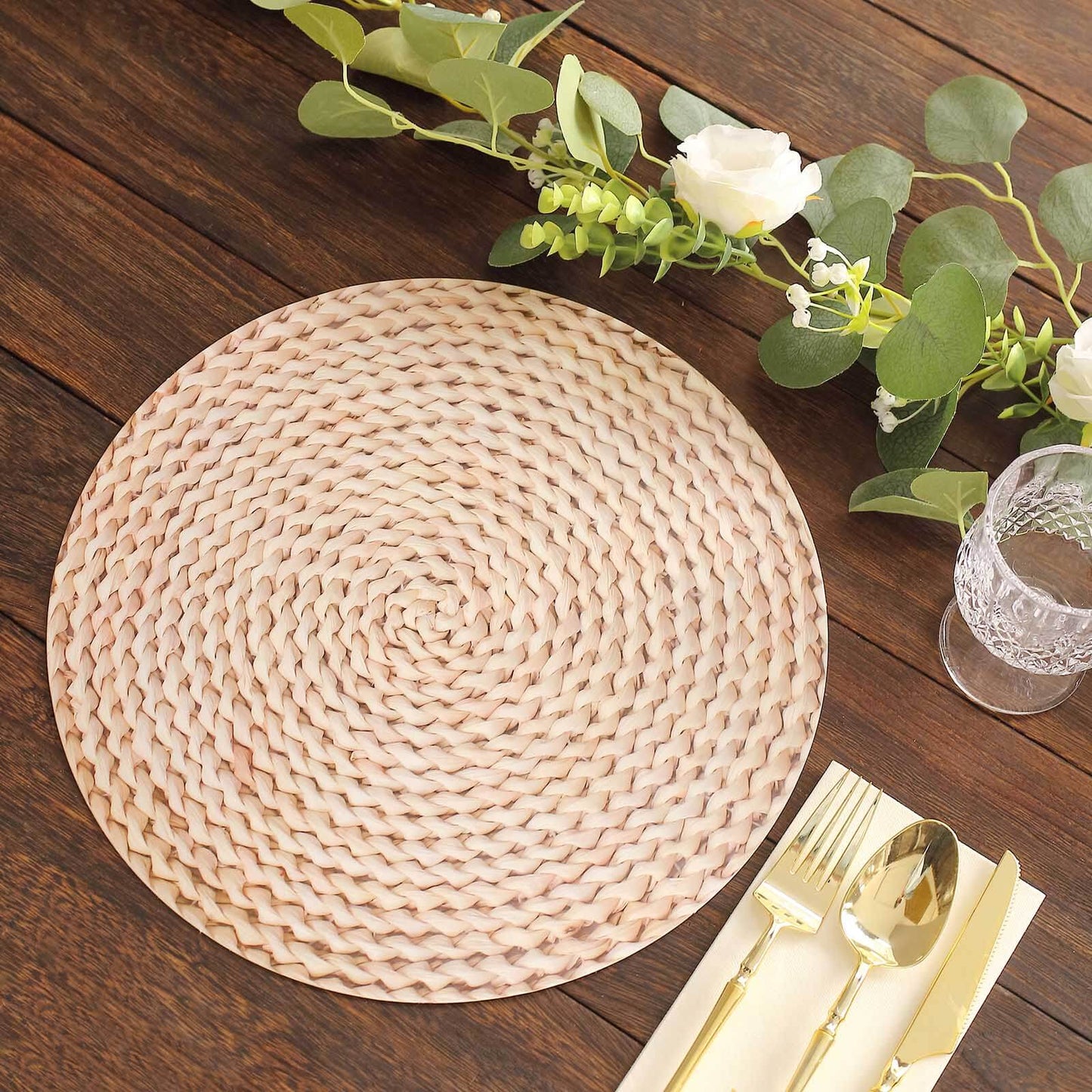 6 Pack Wheat Woven Rattan Print Disposable Dining Table Mats, 13" Round Cardstock Paper Placemats - 700 GSM Pro Linens