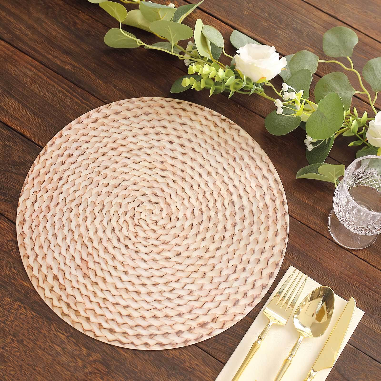 6 Pack Wheat Woven Rattan Print Disposable Dining Table Mats, 13" Round Cardstock Paper Placemats - 700 GSM Pro Linens