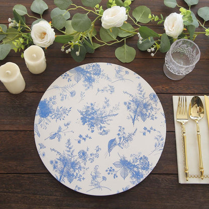 6 Pack White Blue Cardboard Paper Charger Plates in French Toile Floral Pattern, 13" Round Disposable Placemats- 700 GSM Pro Linens