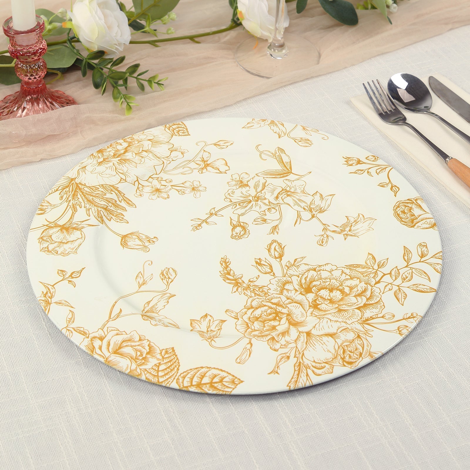 6 Pack White Gold French Toile Acrylic Charger Plates, 13" Round Dinner Charger Event Tabletop Decor Pro Linens