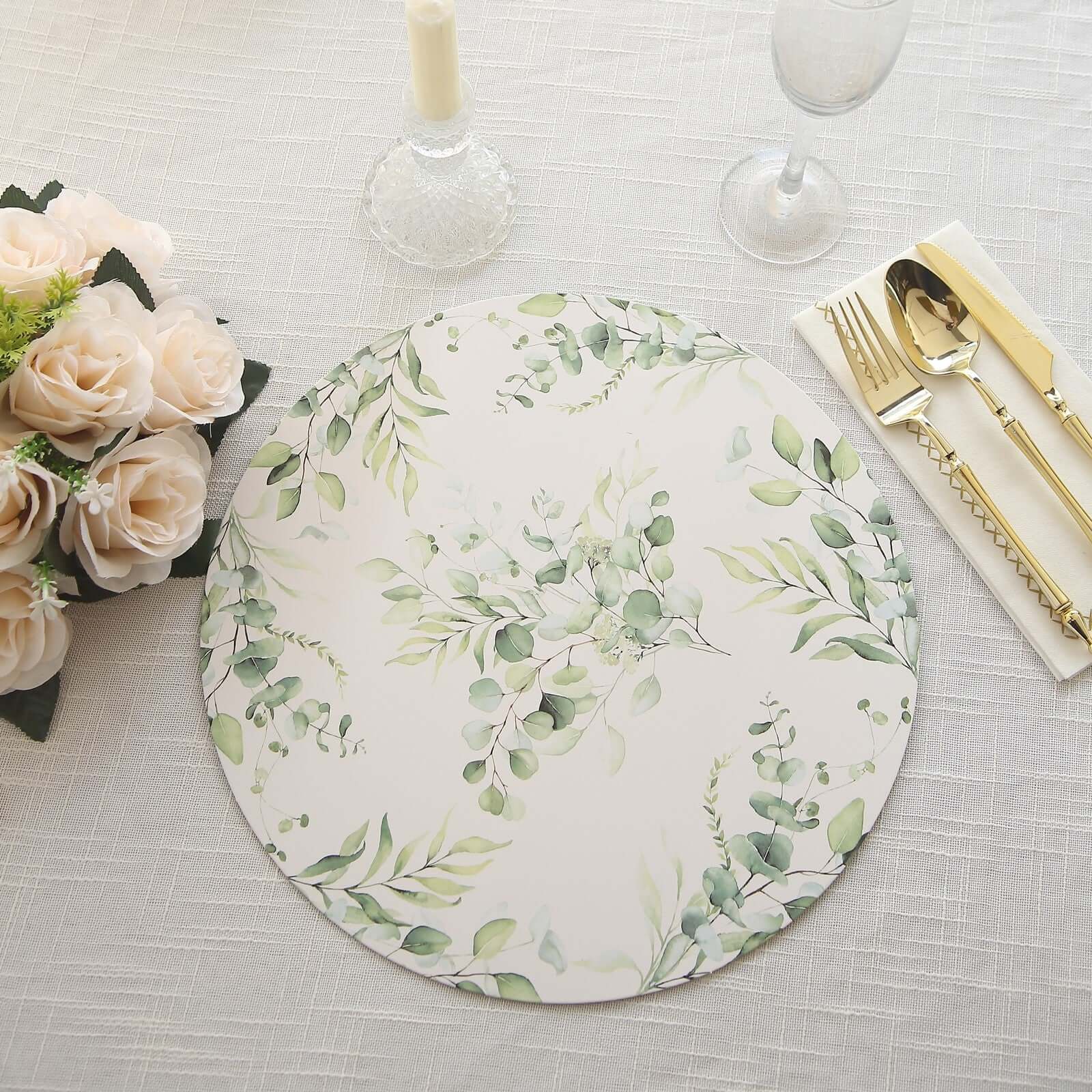 6 Pack White Green Cardboard Paper Charger Plates with Eucalyptus Leaves Print, 13" Round Disposable Placemats- 700 GSM Pro Linens