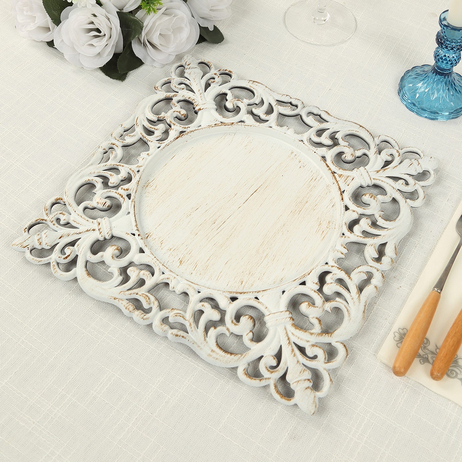 6 Pack Whitewashed Square Acrylic Charger Plates with Hollow Lace Border, 12" Dinner Chargers Event Tabletop Decor Pro Linens