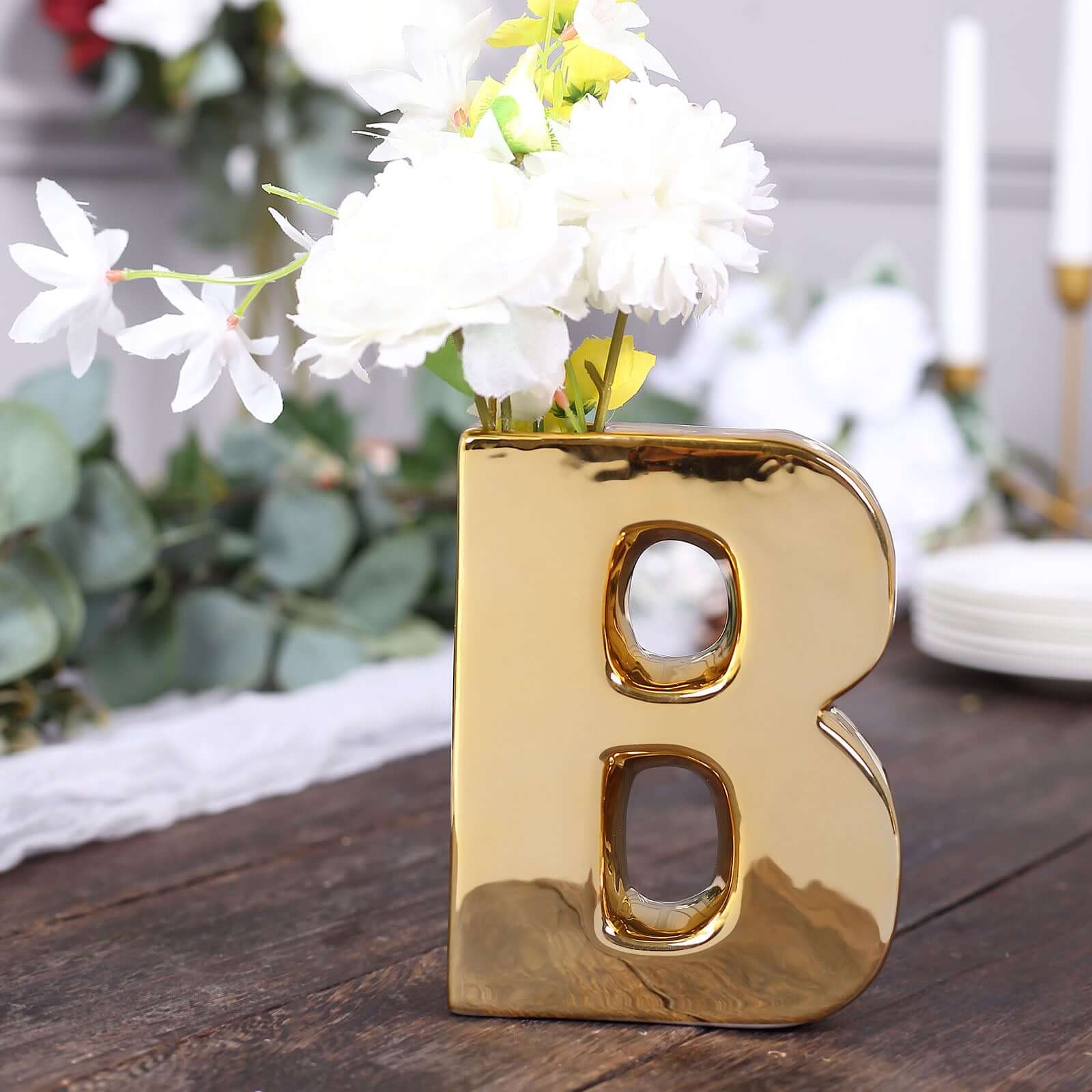 6" Shiny Gold Plated Ceramic Letter "B" Sculpture Bud Vase, Flower Planter Pot Table Centerpiece Pro Linens