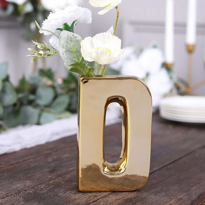 6" Shiny Gold Plated Ceramic Letter "D" Sculpture Bud Vase, Flower Planter Pot Table Centerpiece Pro Linens