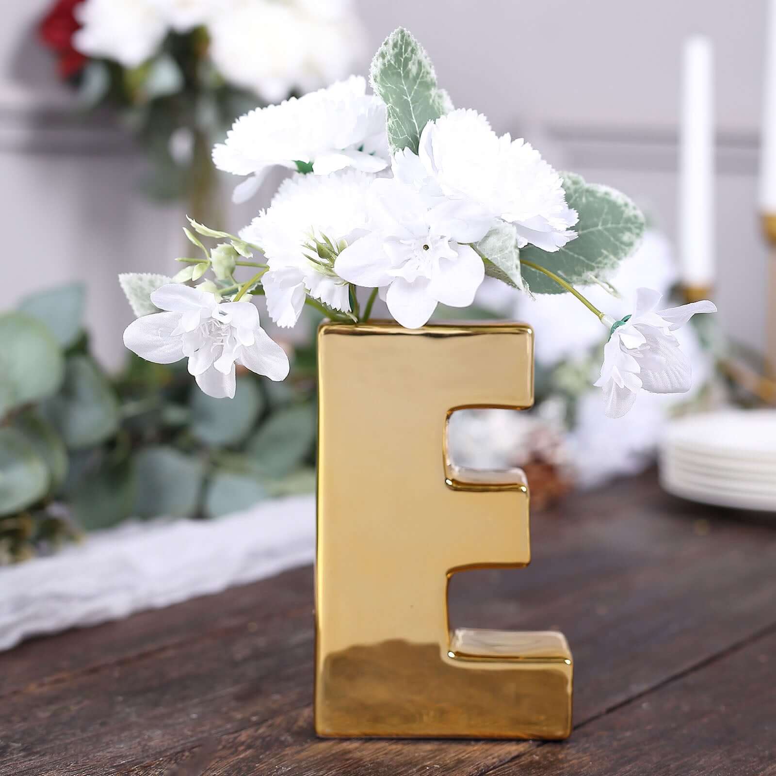 6" Shiny Gold Plated Ceramic Letter "E" Sculpture Bud Vase, Flower Planter Pot Table Centerpiece Pro Linens