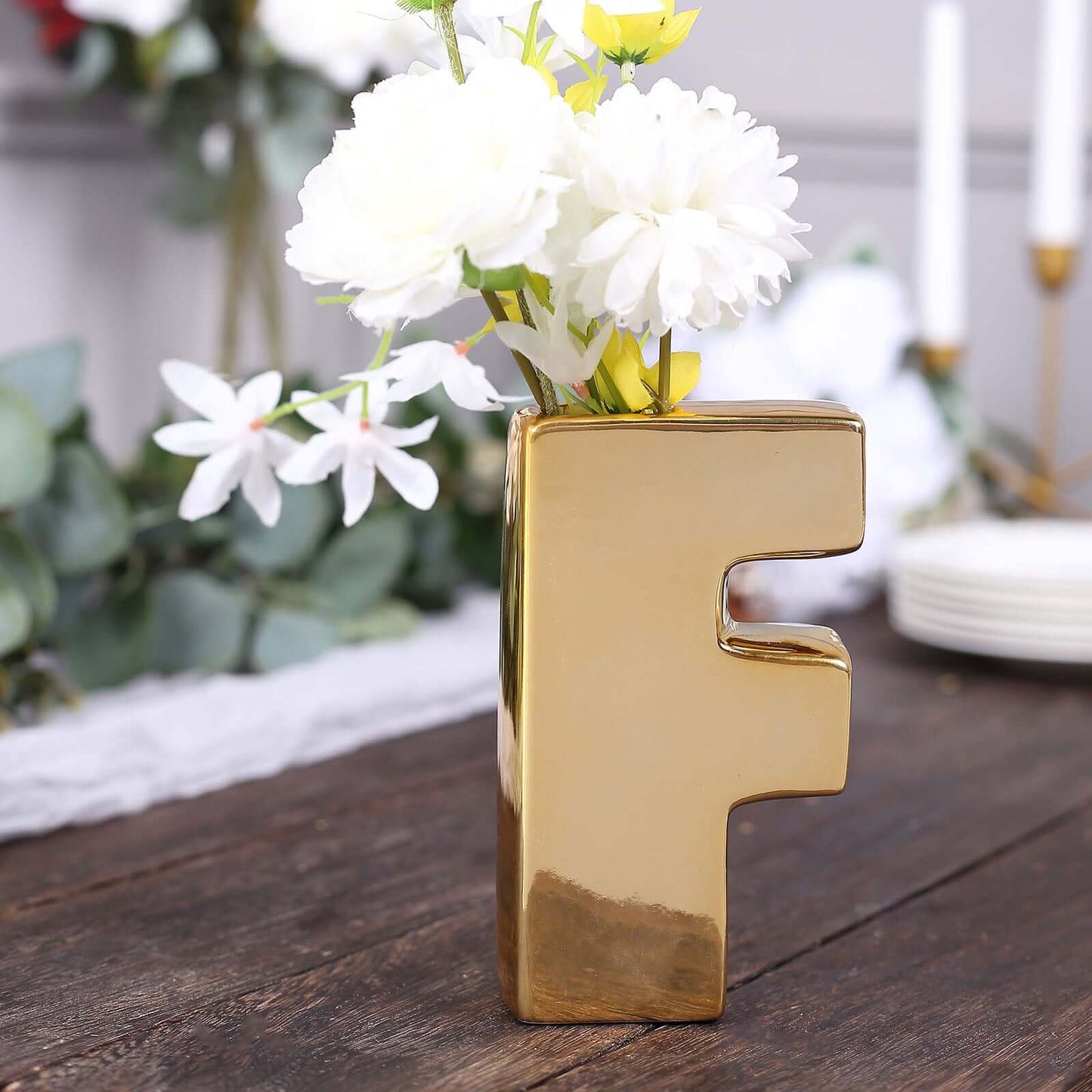 6" Shiny Gold Plated Ceramic Letter "F" Sculpture Bud Vase, Flower Planter Pot Table Centerpiece Pro Linens