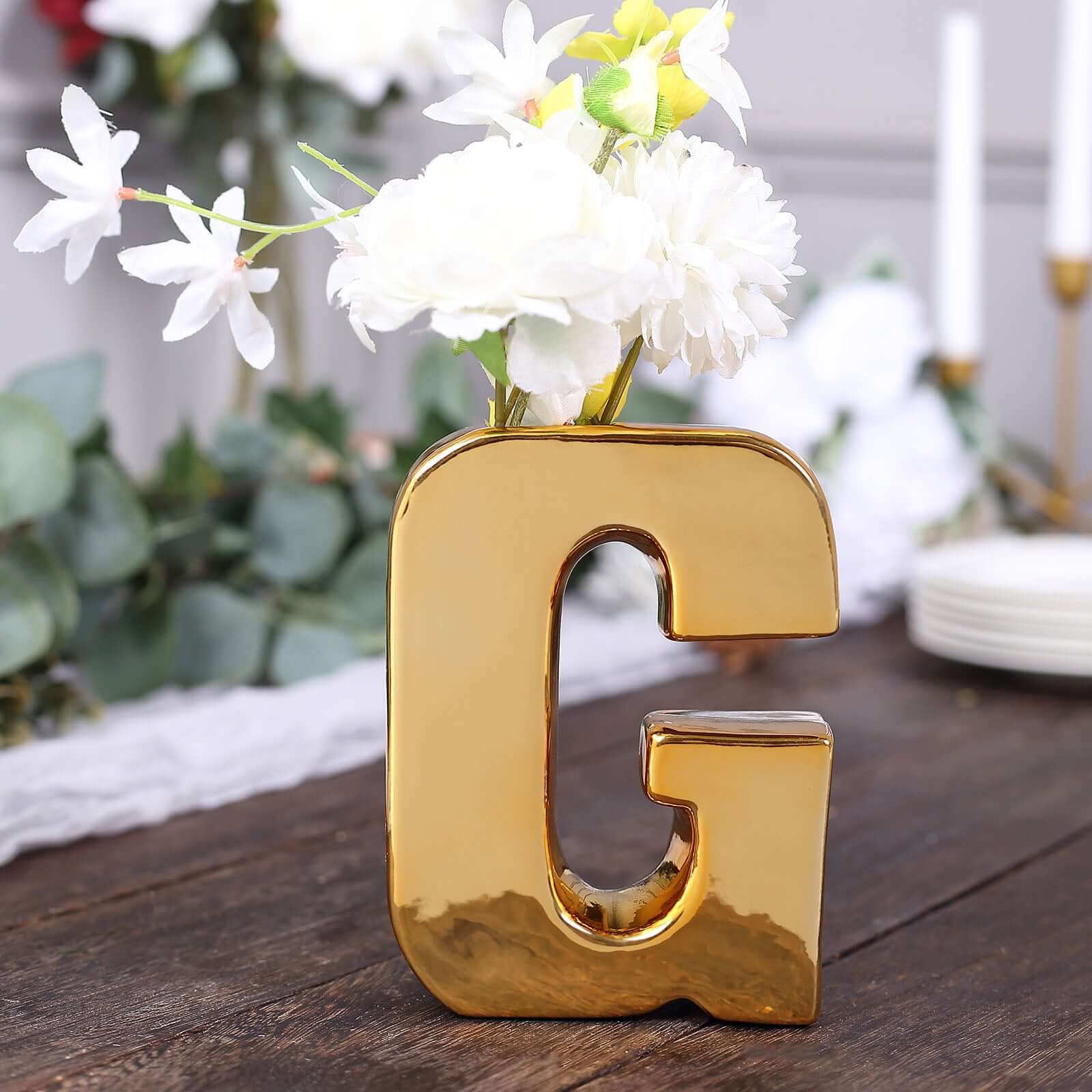 6" Shiny Gold Plated Ceramic Letter "G" Sculpture Bud Vase, Flower Planter Pot Table Centerpiece Pro Linens