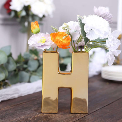 6" Shiny Gold Plated Ceramic Letter "H" Sculpture Bud Vase, Flower Planter Pot Table Centerpiece Pro Linens