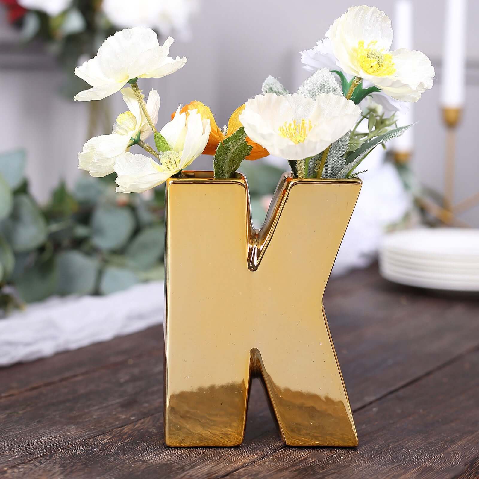 6" Shiny Gold Plated Ceramic Letter "K" Sculpture Bud Vase, Flower Planter Pot Table Centerpiece Pro Linens