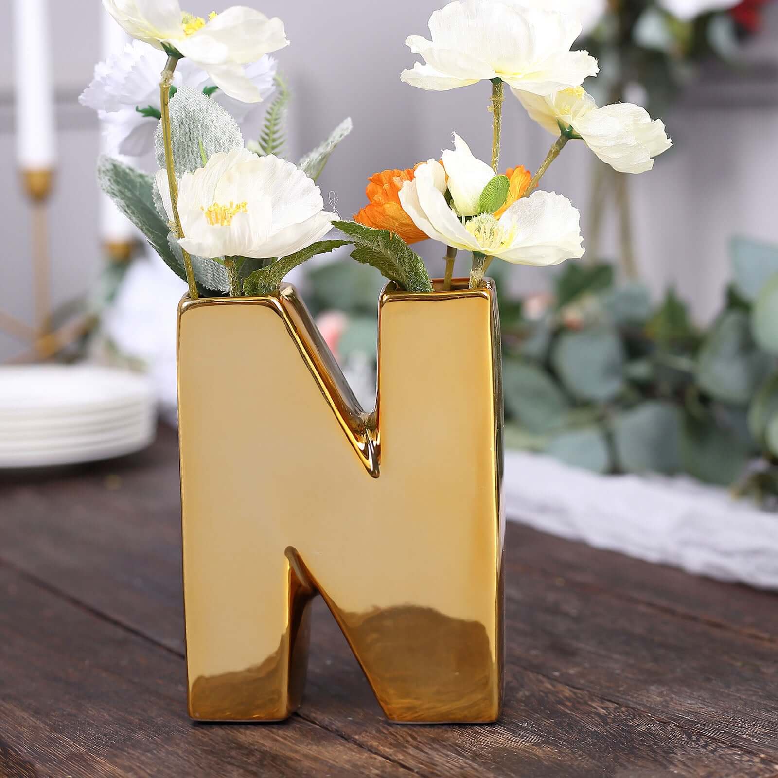 6" Shiny Gold Plated Ceramic Letter "N" Sculpture Bud Vase, Flower Planter Pot Table Centerpiece Pro Linens