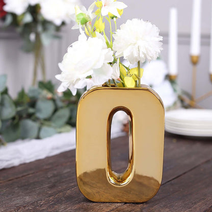 6" Shiny Gold Plated Ceramic Letter "O" Sculpture Bud Vase, Flower Planter Pot Table Centerpiece Pro Linens