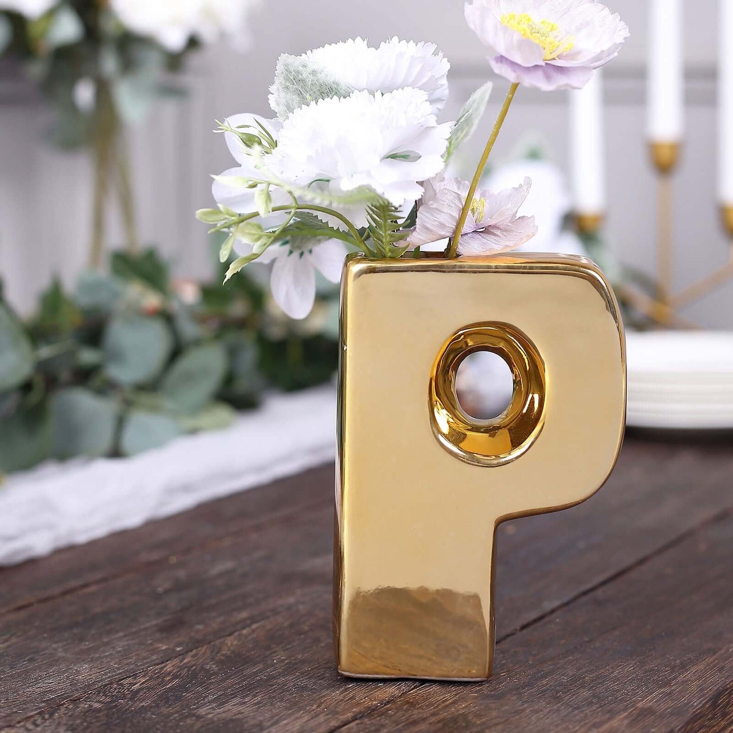 6" Shiny Gold Plated Ceramic Letter "P" Sculpture Bud Vase, Flower Planter Pot Table Centerpiece Pro Linens